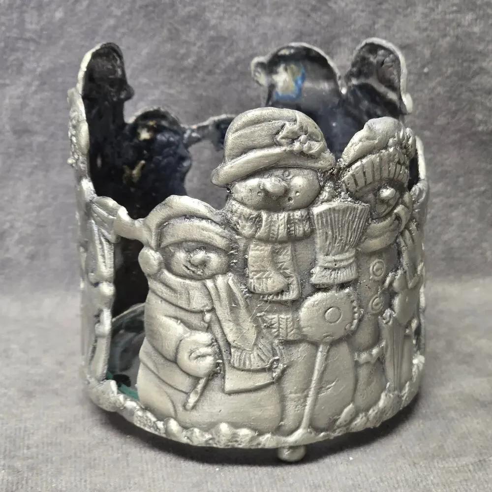 Christmas Snowman Family Holiday Silver Pewter Metal Candle Holder